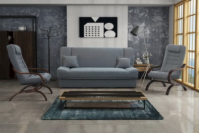 Zobrazit detail zboží: Sedací souprava Palmíra 3F+1+1 šedá/dřevo ořech (3+1+1)