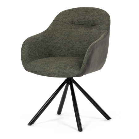 Zobrazit detail zboží: Židle jídelní, zelená látka a tmavě šedá látka v dekoru vintage kůže, černý kov, otočná P90°+ L90° s vratným mechanismem (Jídelní židle čalouněné)