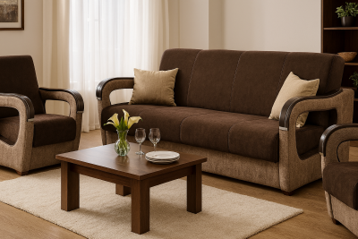 Zobrazit detail zboží: Sedací souprava Vanya 3f+1+1 Vogue 6/3 hnědo béžová se dřevem (3+1+1)